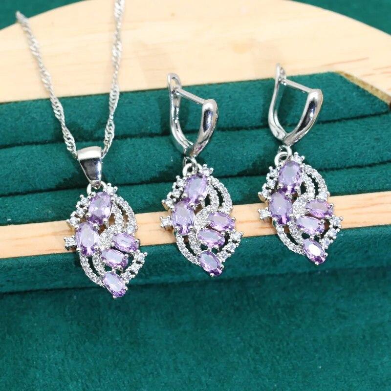 Edle lila Zirkon 925 Silber Hochzeit Schmuck-Sets für Frauen Geburtstag Armband Ohrringe Halskette Anhänger Ring Urlaub Geschenk