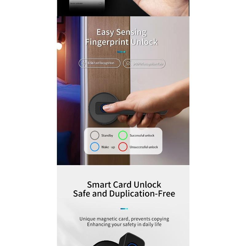 Inteligentny zamek do drzwi z czytnikiem linii papilarnych - Bezkluczykowe wejście z kodem PIN i klamką, Konstrukcja zapobiegająca podglądaniu dla bezpieczeństwa domu, Automatyczne blokowanie