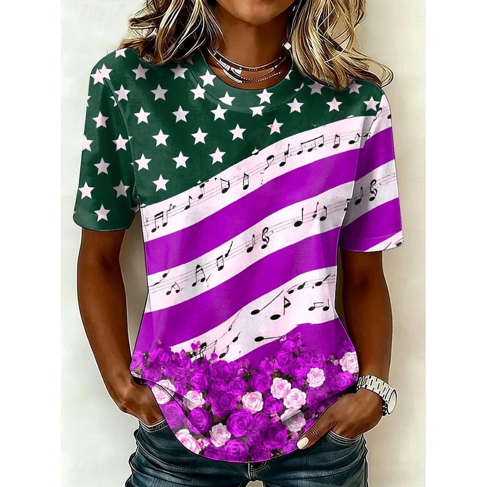 American Independence Day Women's T Shirt Print Graphic Flag Tie Dye Stylish Classic Casual Short Sleeve V Neck Regular Tops