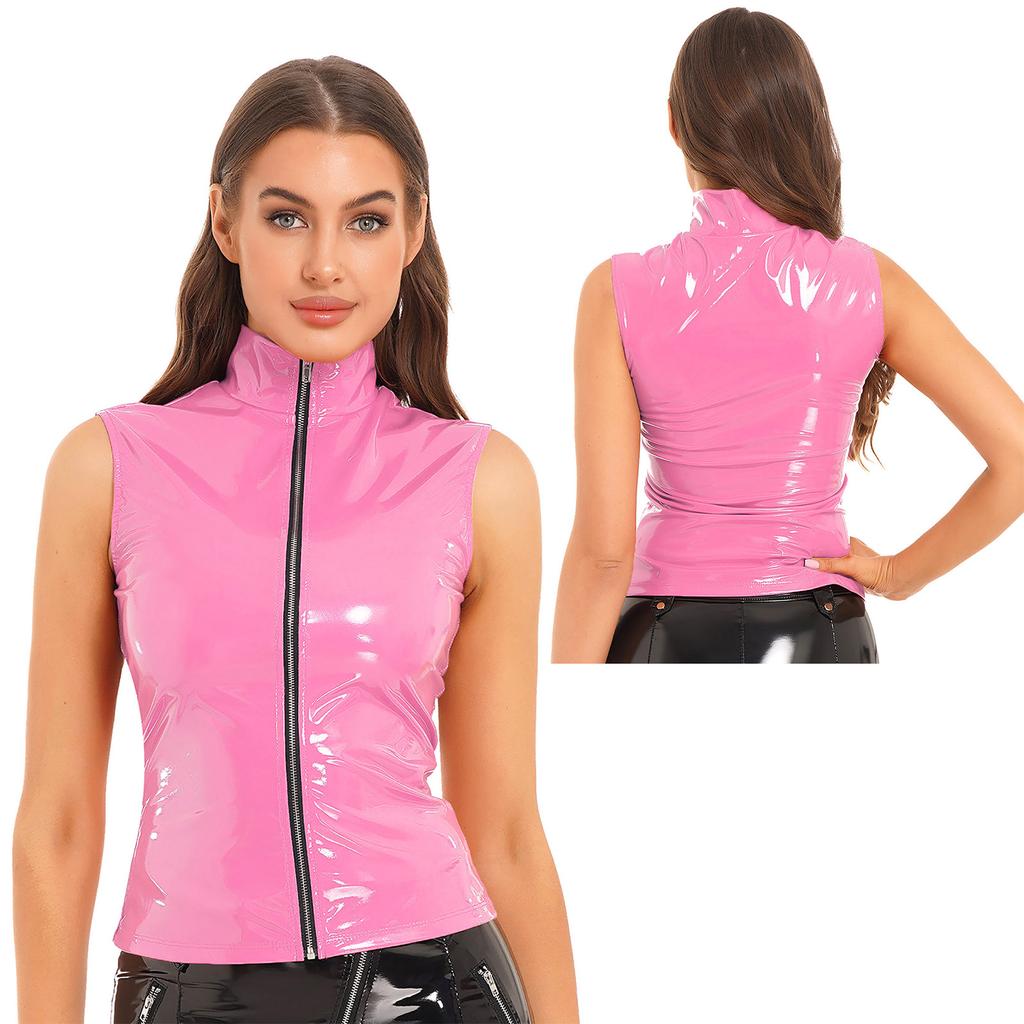 Regatas femininas com aparência molhada com zíper sem mangas colete couro envernizado jaqueta com gola para boate