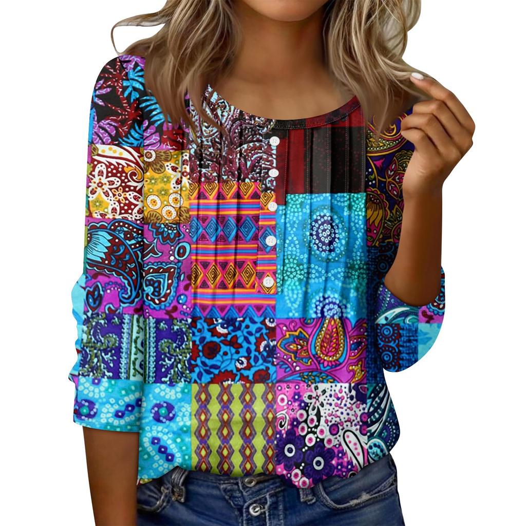 Women's Round Neck Pull Stripe Decorative Button Top Casual Solid Color 3/4 Sleeve T Shirt