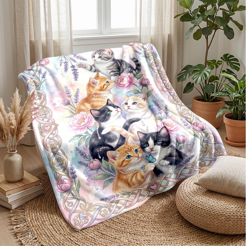 Floral Kittens Dreamscape Theme blanket Lightweight Warm Flannel Blanket Decorative Throw Blanket for Home Decoration