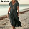 Oversized Solid Color V-Neck Cotton Linen Women's Dress for Women's Clothing