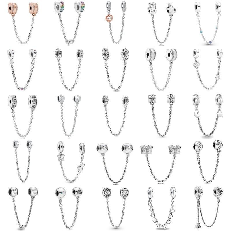 New 925 Silver Butterfly Stars & Moon Sunflower Safety Chains Spacer Beads Charms Fit Original Bracelets DIY Jewelry
