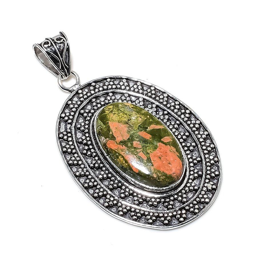 Unakite Gemstone Handmade 925 Sterling Silver Jewelry Pendant 2.60" SU-9894