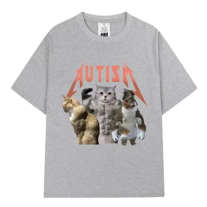 2025 Summer and Autumn Fitness Cat Autism Print T-shirt Loose and Casual Short-sleeved Trendy Top for Men and Women