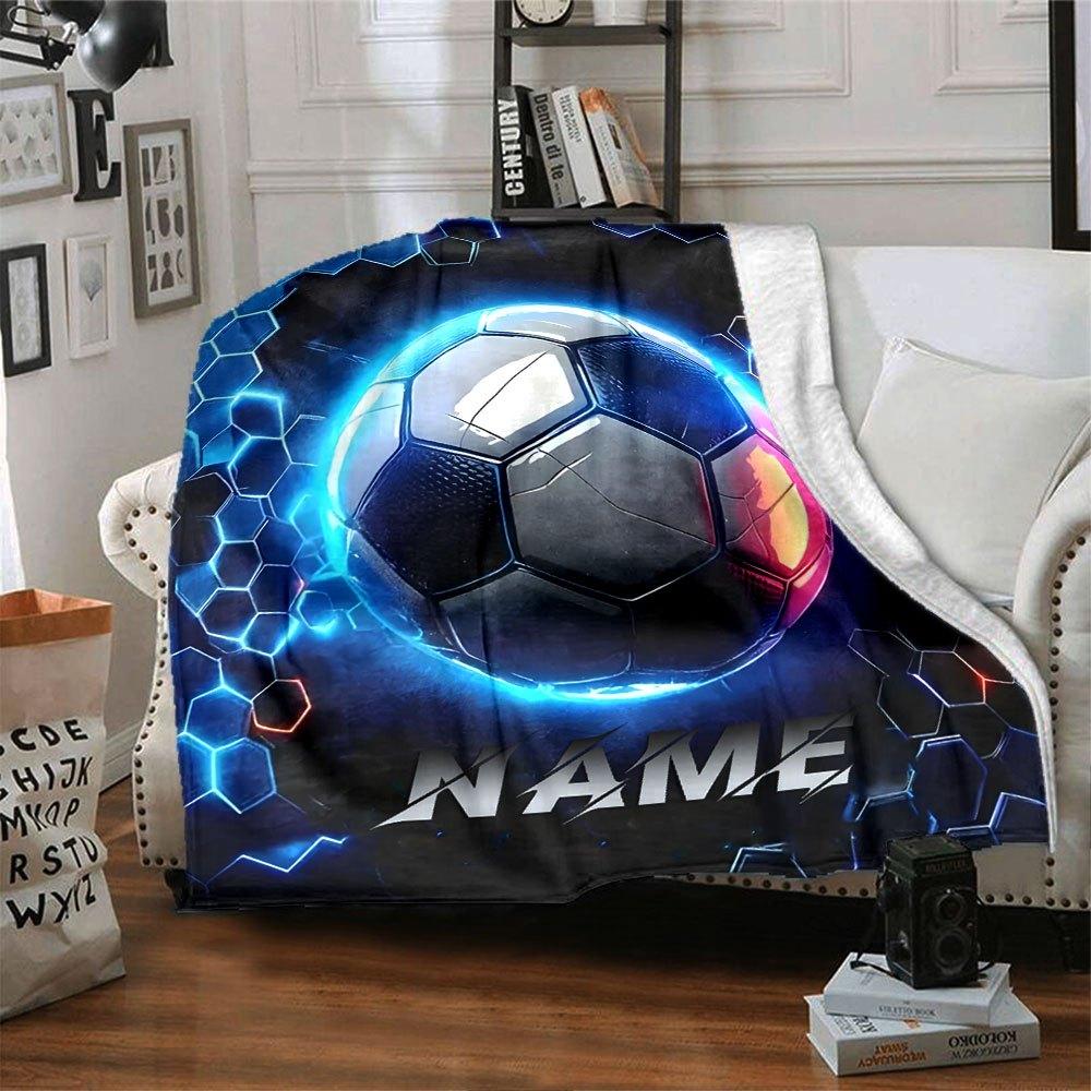 Soccer Ball With Neon Hexagon Background Multipurpose Personalized Blanket Customize Your Name Ultrasoft Suitable For Sofa Couch Office Bed Picnics