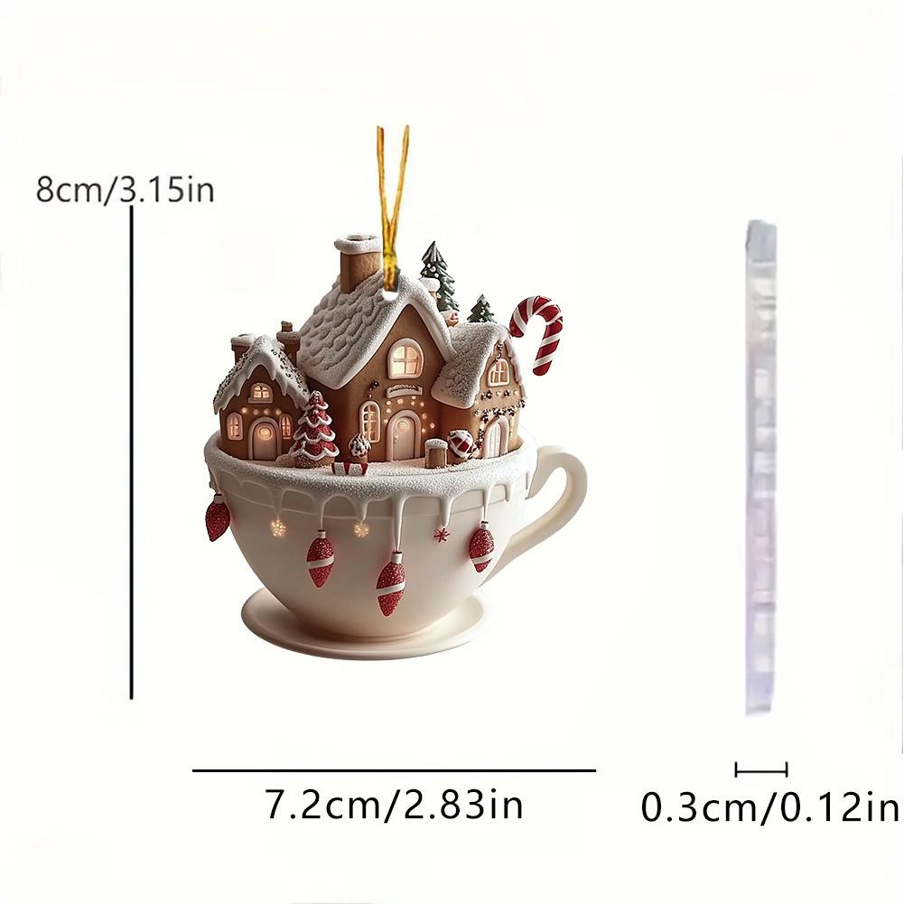 4pcs Christmas Coffee Cup Pendant Acrylic Snow House Ornament Car Decor Hanging For Backpack Keychain Holiday Gift Car Accessory