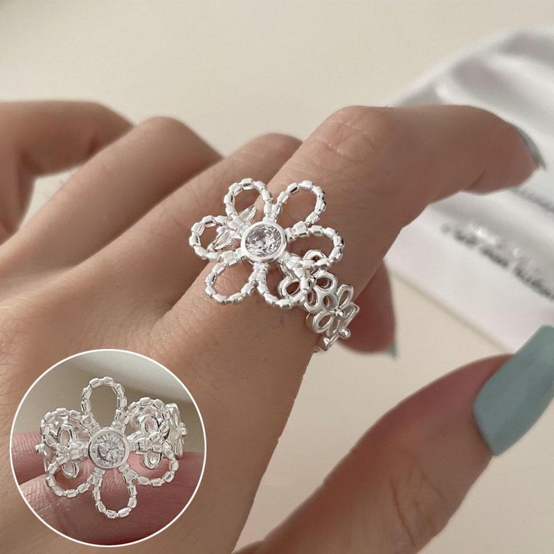 Prsten ve stylu korejském S925 postříbřený s nepravidelným listem - Dámská vintage móda, Jednoduchý zakřivený okraj Srdce Geometrický Otevřený design pro ukazováček.