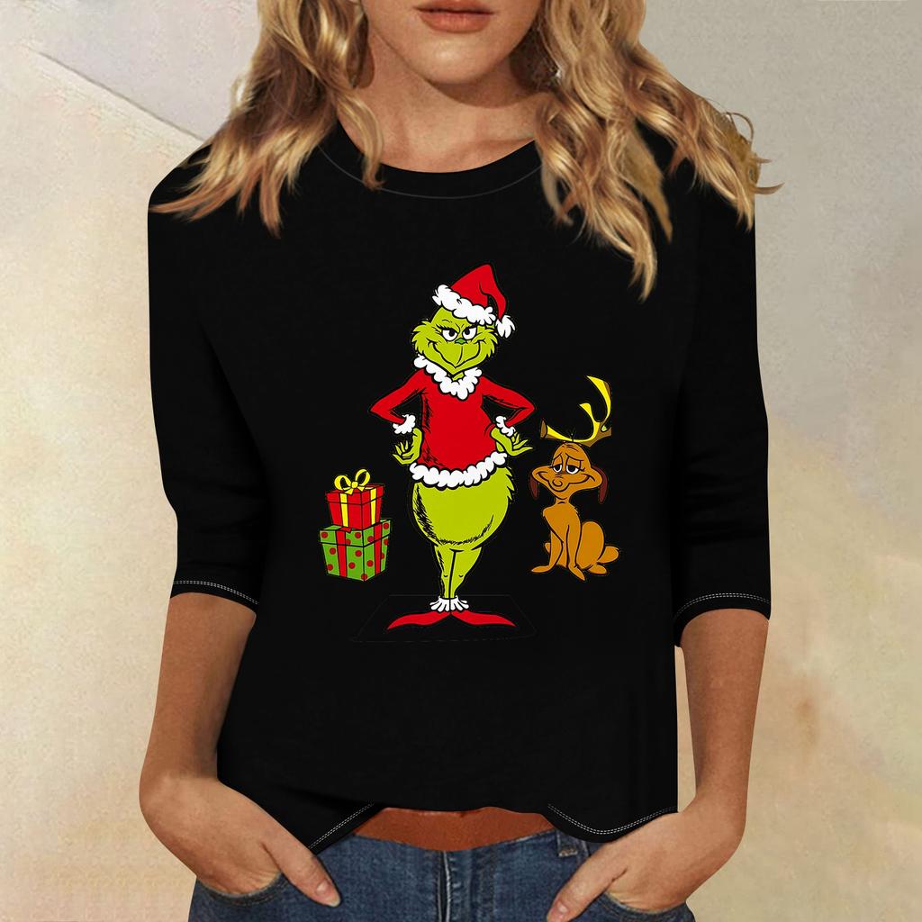 3/4 Sleeve Tops For Women T-Shirt Casual Christmas Print Tops T Shirt Round Neck Pullover Blouse