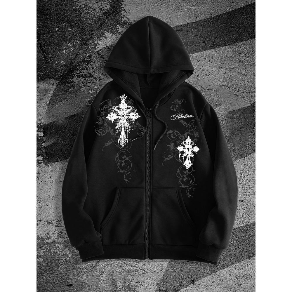 Street Trendy, Cool, Carved, Cross, Vine Totem, Printed Zipper, Hooded Cardigan, Hoodie, Millennium Wasteland Style