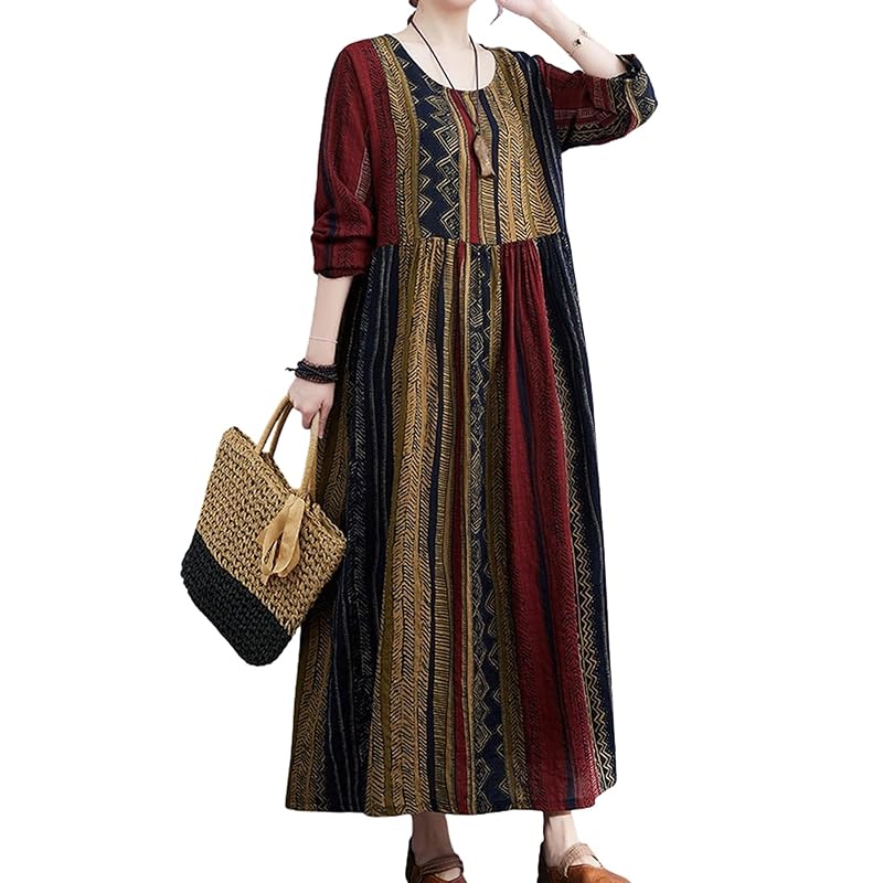 

[Second roots] one piece ethnic pattern asian Relaxing body shape cover spring summer ladies Going out shopping invited Elegant Dress thin Dress