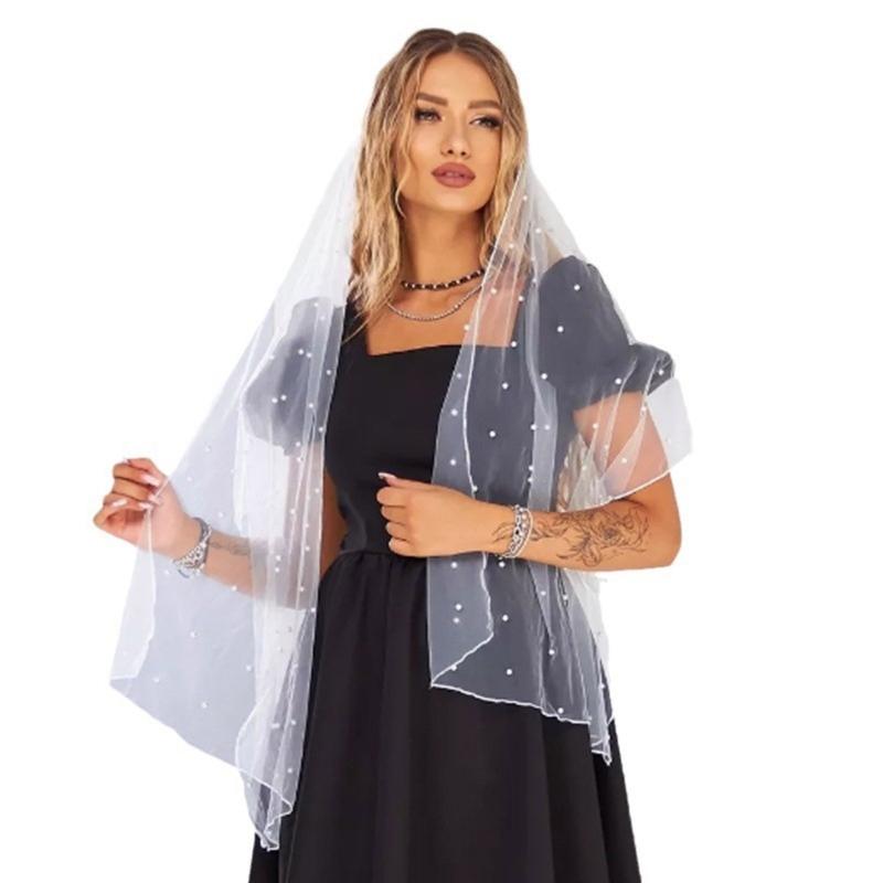 

Elegant Pearls Embellished Tulle Scarf for Women Weddings Parties Bridal Mesh Veils Evening Dress Shawl Wraps Capes 1 білий