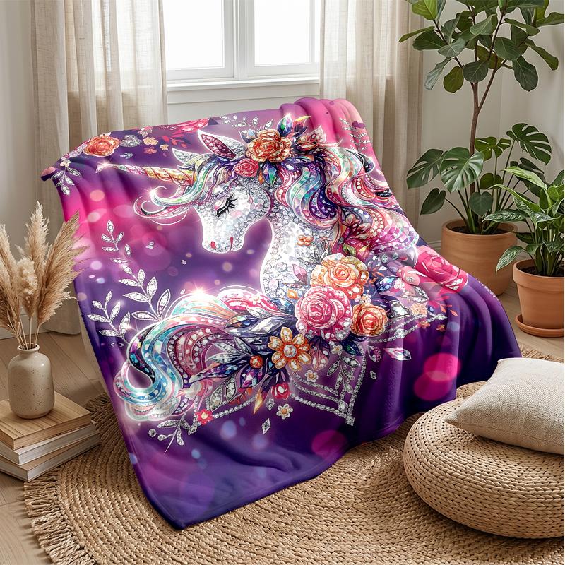Fantasy Unicorn with Flowers Theme Blanket Lightweight Warm Flannel Blanket Decorative Throw Blanket for Home Decoration