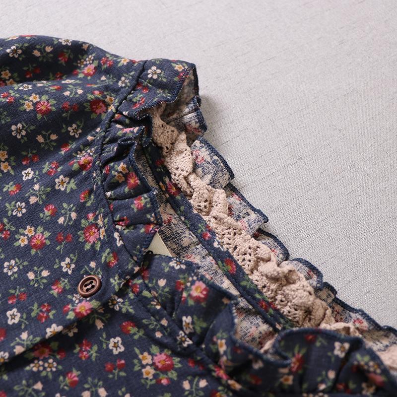 Japanese Mori Girl Art Print Dress Pretty Cotton Linen Spring Women Floral  Dress Loose Long-sleeved  Dress Midi Dress