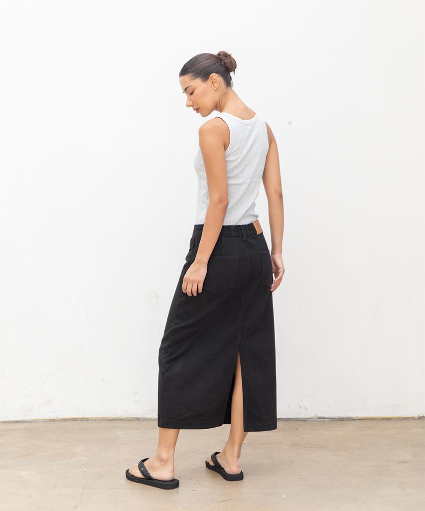 CHAMBROS Women'S Basic Cotton Denim Long Skirt [Black]
