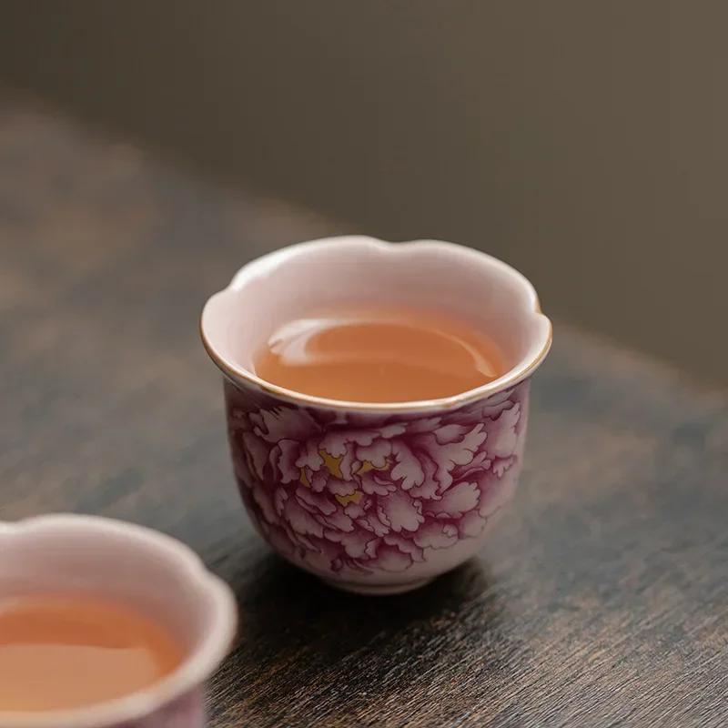 Peony Ru Yao Porcelain Gaiwan Set For Tea Tureen Teaware Cup Chinese Pink Ceramic Opening Tea Bowls Chawan Tea Ceramony