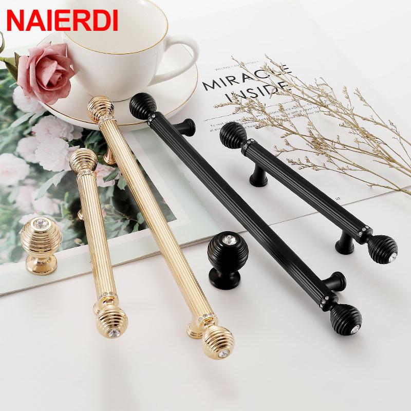 NAIERDI Crystal Glass Cabinet Handles Zinc Alloy Gold Knobs Black Kitchen Door Handle Drawer Cupboard Pulls Furniture Hardware