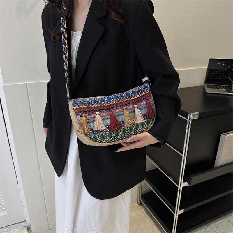 Premium textured women's bag double-sided new fringed woven messenger bag versatile wide shoulder strap women's shoulder bag
