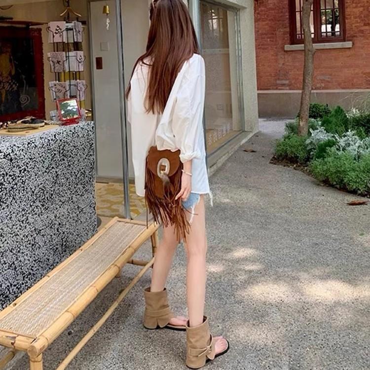 Fashion Toe Cool Boots Cover Boots Summer 2025 New Leather Fashion Round Head Personalized Herringbone Roman Sandals