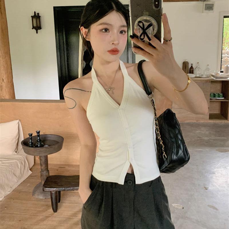 Women Summer Solid Color Sleeveless Halter Bare Midriff Vest Top