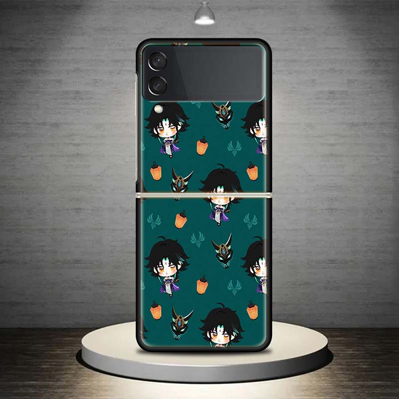 Genshin Impact Art Background For Samsung Galaxy Z Flip 4 3 5G Phone Case Black Hard Cover ZFlip 4 3 Luxury Shockproof Bumper Co