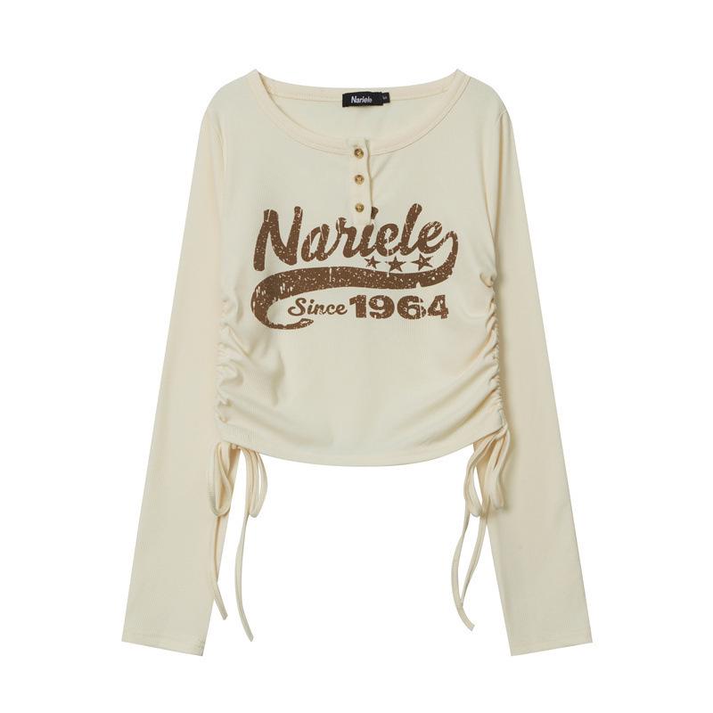 HeyHenry Women s American Style Long Sleeve Cropped Letter Print Top Medium абрикосовый