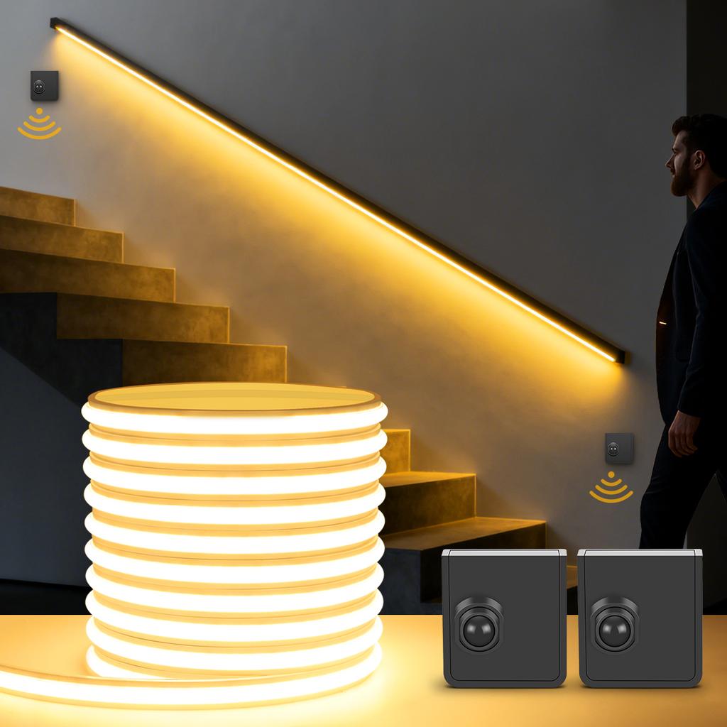 Tira de Luz Nocturna Inteligente para Pasillo de Escalera de Entrada 24V Silicona Sólida COB LED Cinta de Neón Instalar en Cualquier Lugar Sensor de Movimiento PIR Portátil