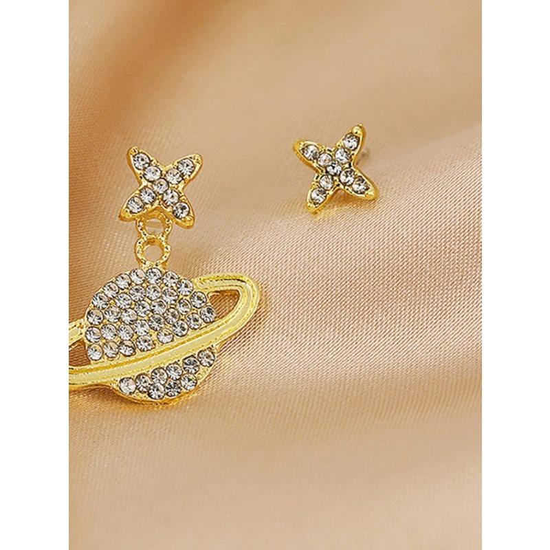 Diamond-set Asymmetrical Planet Earrings, Golden Mars Creative Design S925 Silver Needle Star Earrings.