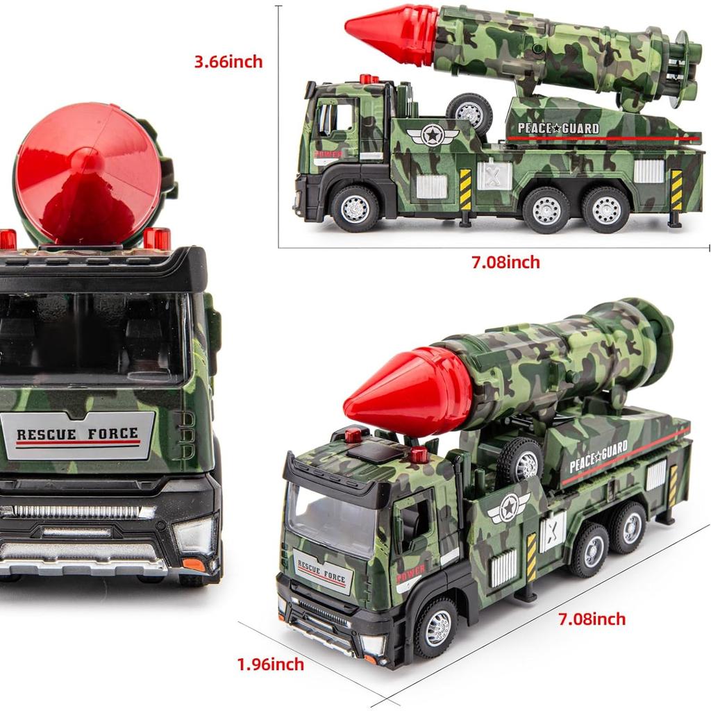 Army Toys Militär-LKW mit 6 abschussbaren Raketen, Druckguss-Spielzeugfahrzeuge, Modellautos mit Licht und Geräuschen, Pull Back and Go-Geschenk
