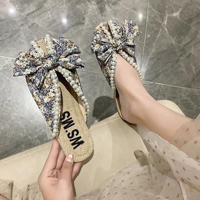 Slippers Women 2024 New Floral Bow Baotou Sandals Fashion Flat Casual Pearl Decoration Mules Ladies Outdoor Beach Shoes Slides