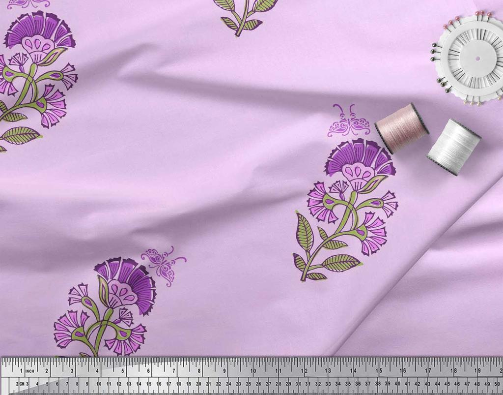 Soimoi Blue Japan Crepe Satin Fabric Insect|Leaves & Floral Block Print Fabric by Yard 42 Inch