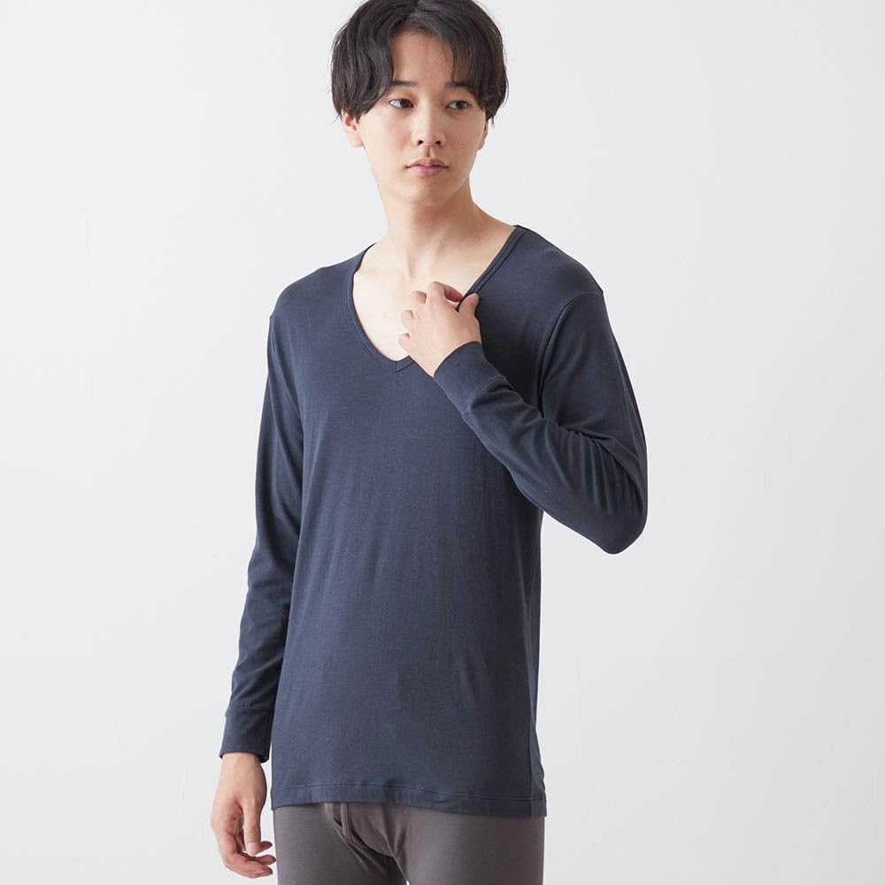 Belle Maison Long Sleeve Cotton Blend Warm Inner Night Size M Men's V-Neck Shirt, Hotcot, Navy,