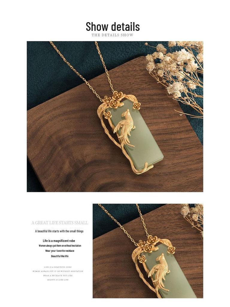 Chinese Court-Style Magpie & Flower Jade Pendant Necklace
