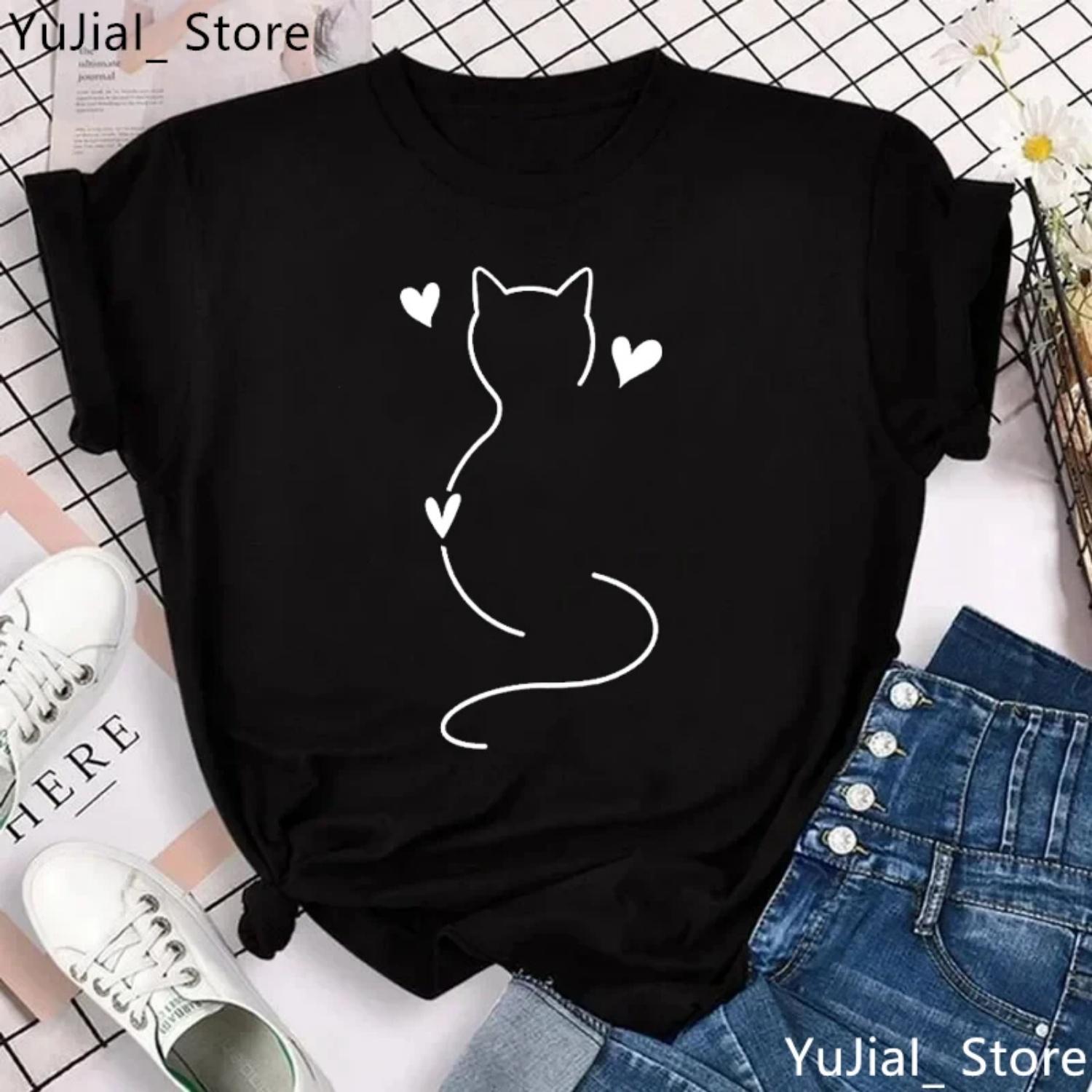 

Newest Simple Strokes Of Cat Funny Printed Women T-Shirt Fashion Casual Short Sleeve O-Neck Street Tee Clothing Summer Tops S чёрный