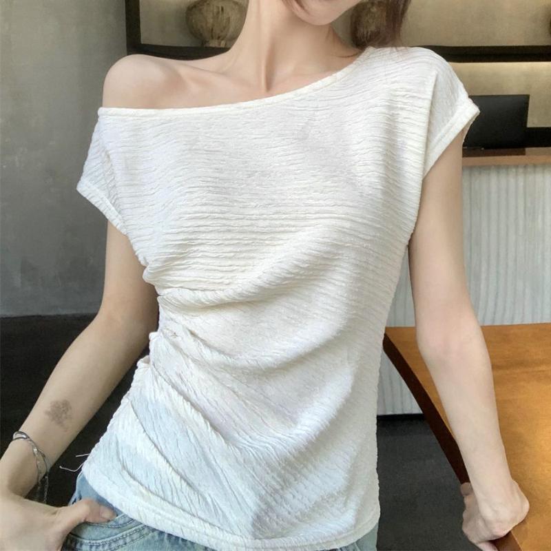 Women Summer Cropped T-Shirt Off Shoulder Sexy Slim Fit Short Sleeves Tops Fashion Sensibility Design Solid Elegant Clothing