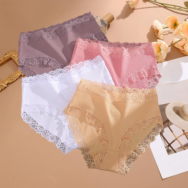 FINETOO 4PCS Sexy Lace Cotton Panties for Women Flroal Lace Seamless Briefs High Rise Lingerie Female Breathable Soft Underwear
