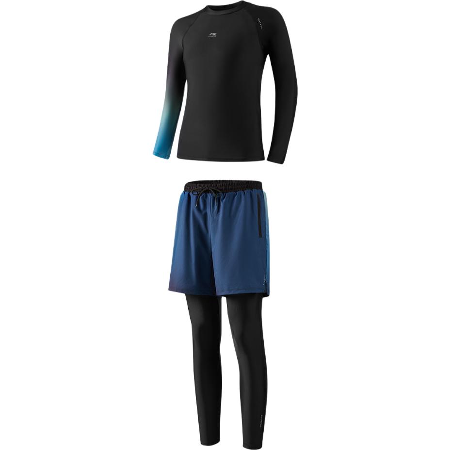 Li Ning Gradient Round Neck Long Sleeve Top With Drawstring Fake Two Piece Long Pants Swimsuit Set Men Swimsuit LSYV545-1