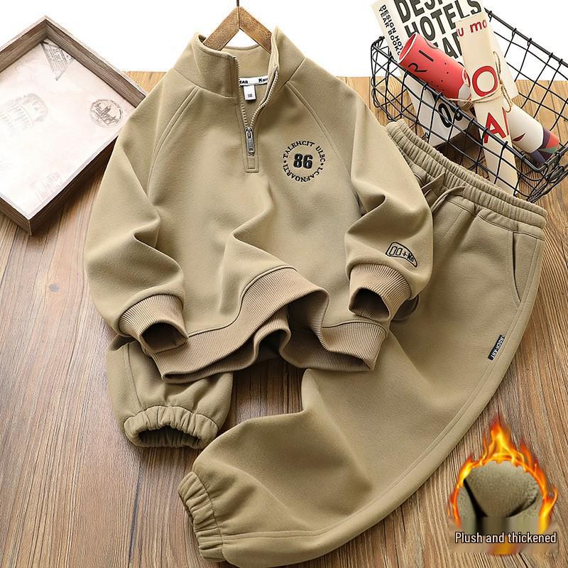 Chlapecká trendy fleecová sportovní souprava - Podzim/Zima 2025: Silná Teplá Dvoudílná Mikina a Tepláky