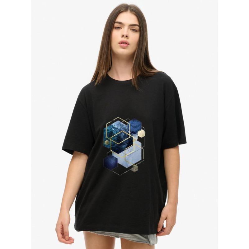Women's Short-Sleeve T-Shirt with Blue and Gold Geometric 3D Hexagon Patchwork Art Print
