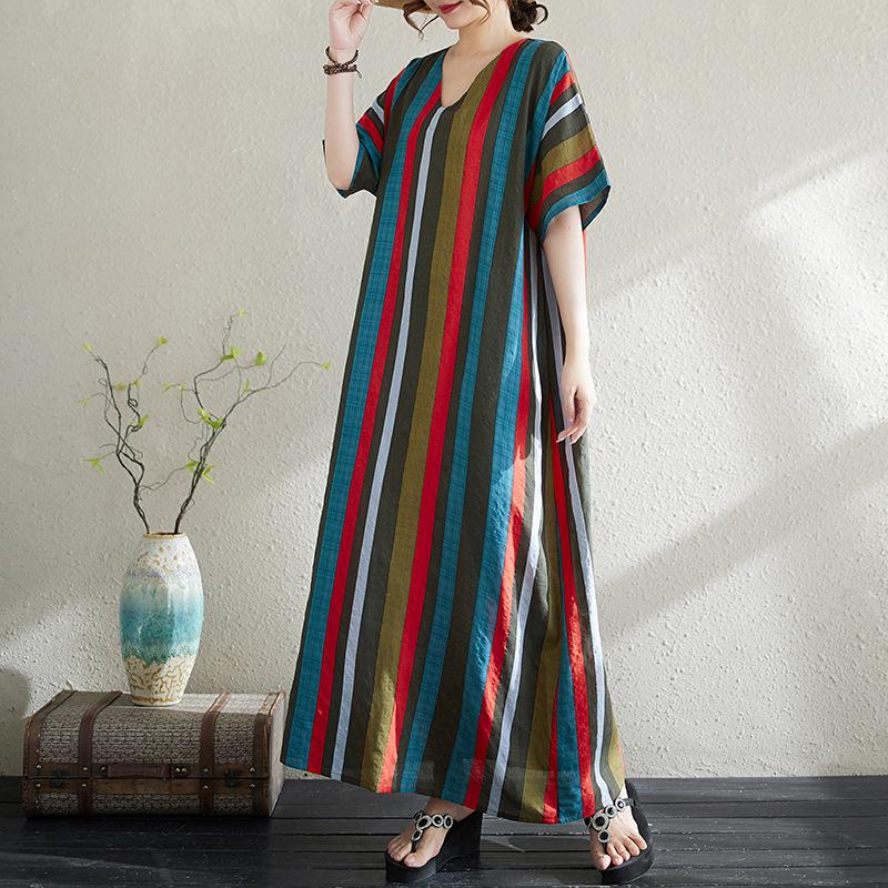 Summer Thin Cotton Linen Print V-neck Loose Oversized Simple Casual Vacation Style Medium Long Dress for Women Dresses
