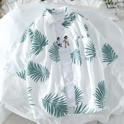 Mens Hawaiian Resort Style Palm Leaf Print Turn Down Collar Short Sleeve Shirts