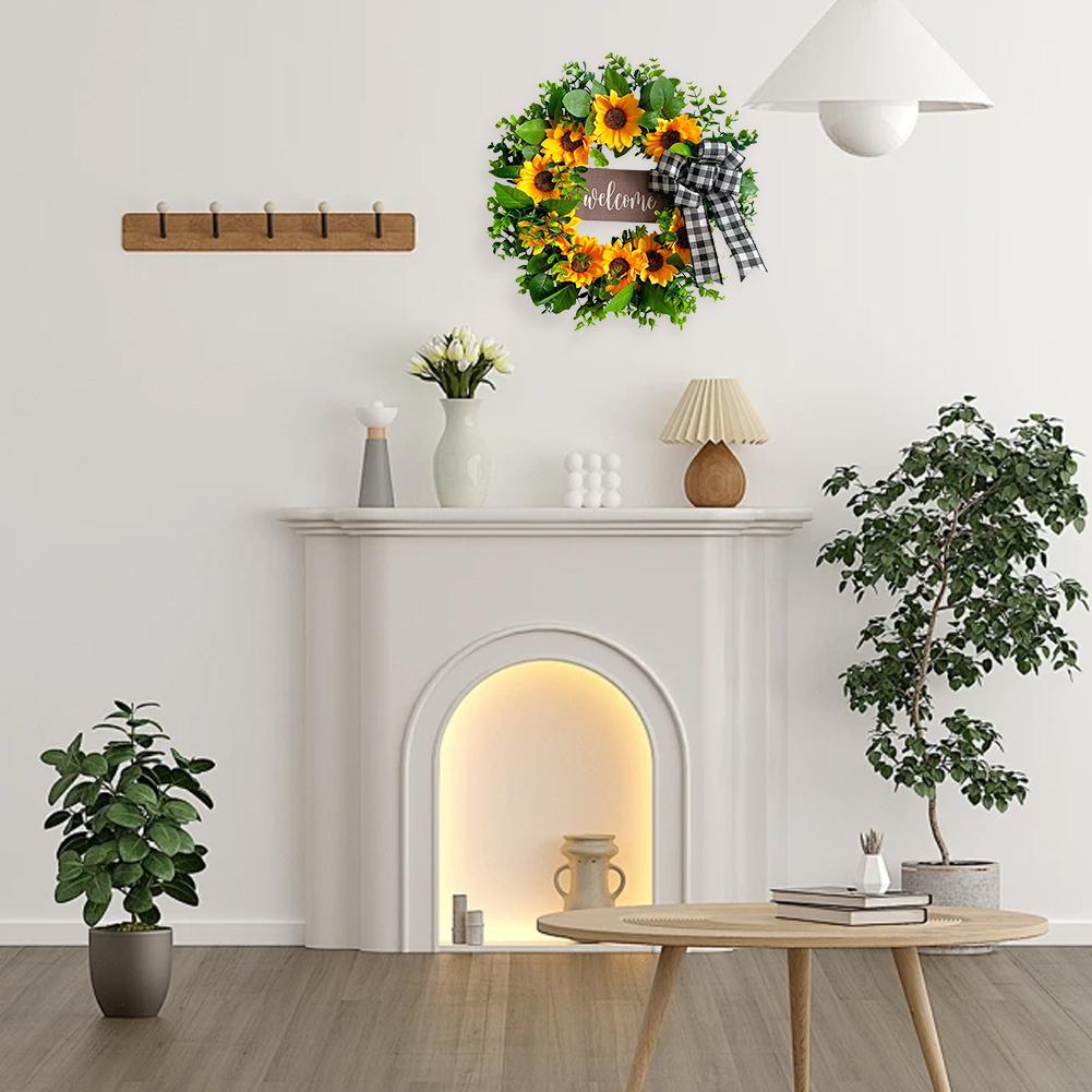 17 Inch Sunflower Wreath with Welcome Artificial Fake Flower Wreath for Front Door for Door Wall Front Porch Home Decoration