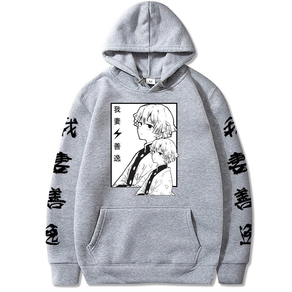 Japanese Anime Demon Slayer Agatsuma Zenitsu Print Hoodies Pullovers For Men Oversized Itself Streetwear Winter Warm Sweatshirts