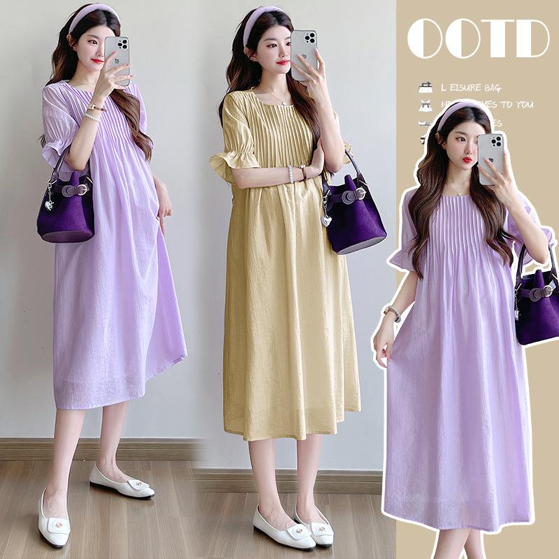 2026 Summer Pleated Short Sleeve Maternity Dress - Korean Fashion Trendy Loose Fit 2XL