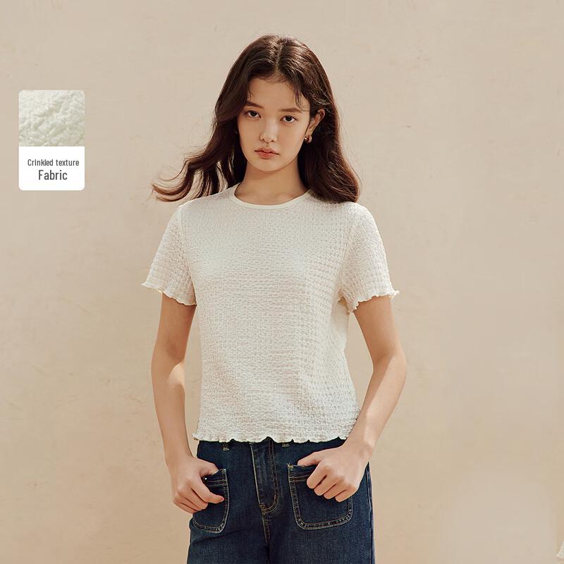 INMAN Women s Round Neck Pleated Textured Short Sleeve T-Shirt S