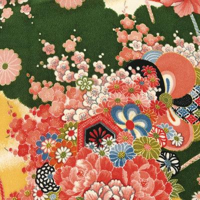 Nippon Chuko NBK Ichigoe Chirimen Yuzen Klassisches Florales Grün 73cm Breit x 1m Zuschnitt Muster, ca.