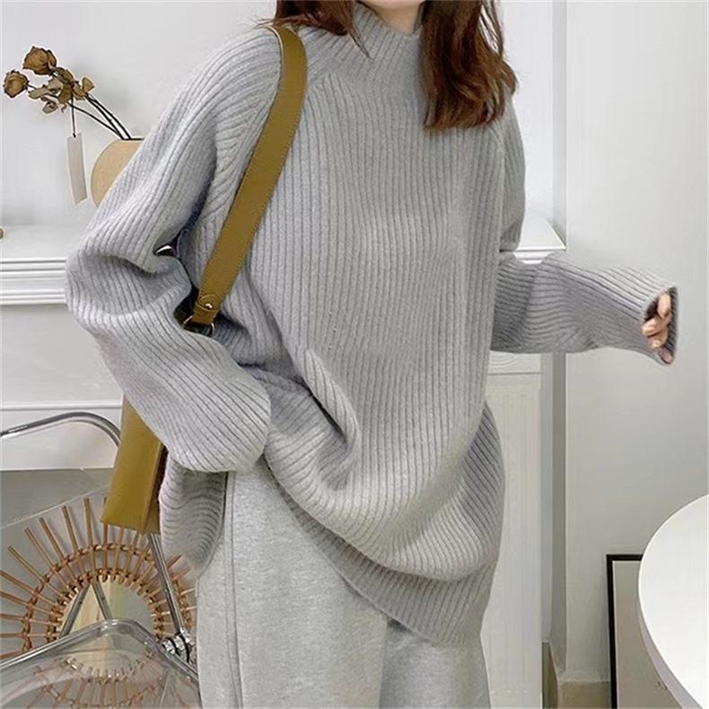 Semi-turtleneck Pit Strip Pullover Women's Autumn and Winter New Loose Large Size Lazy Wind Bottomed Knitted Sweater Top