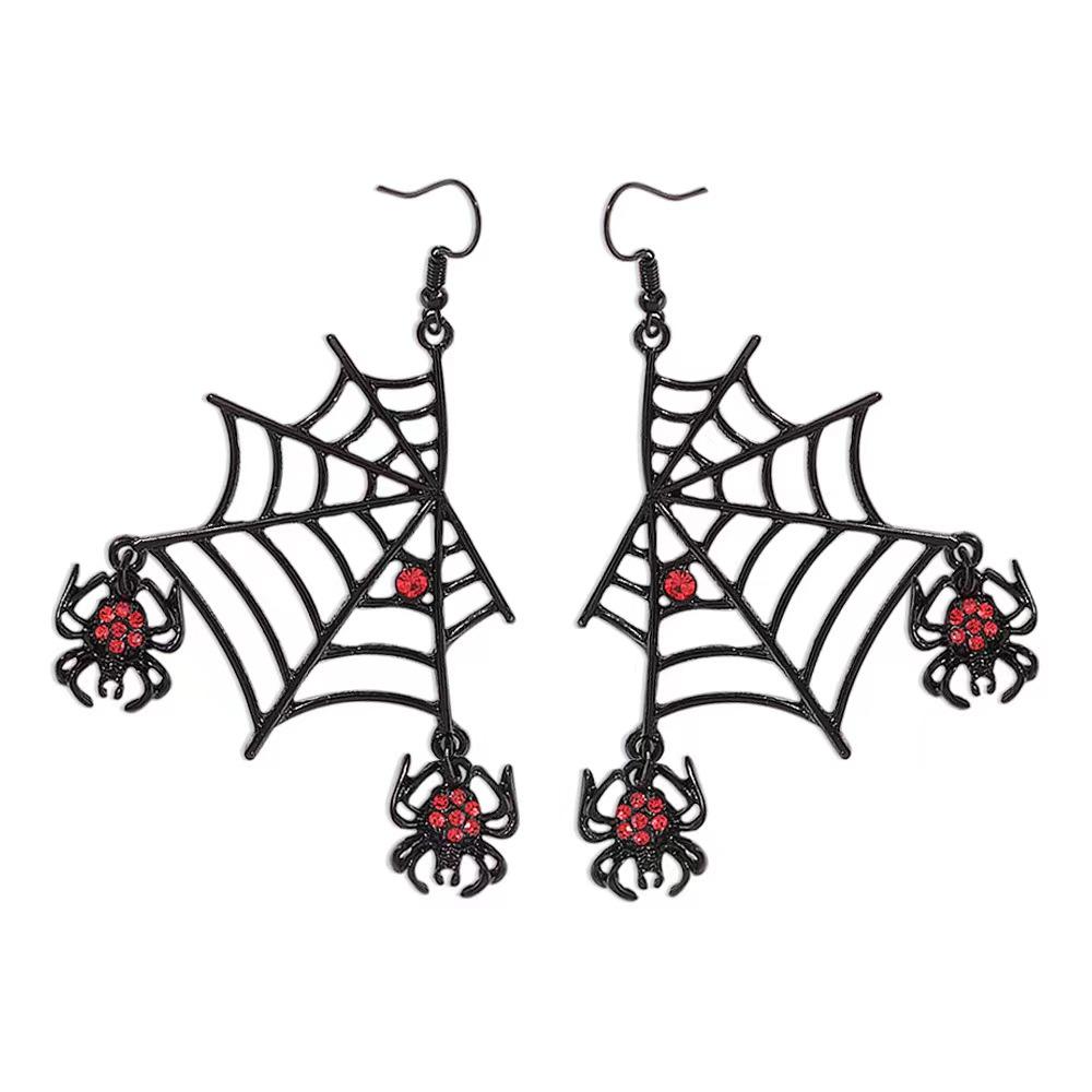 Exaggerated Halloween Spider Web Hook Earrings Punk Style Red Rhinestone Earrings New Trendy Jewelry For Women