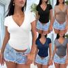 Dámské jarní sexy kořeněné volánové tričko s véčkovým výstřihem, slim-fit, crop, s krátkým rukávem